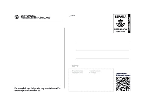 Reverso de la CRIPTOPOSTAL Málaga Ciudad del Cómic 2026